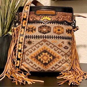 Tooled Leather Sunflower Crossbody Saddle Blanket Bag Western Boho Aztec Fall